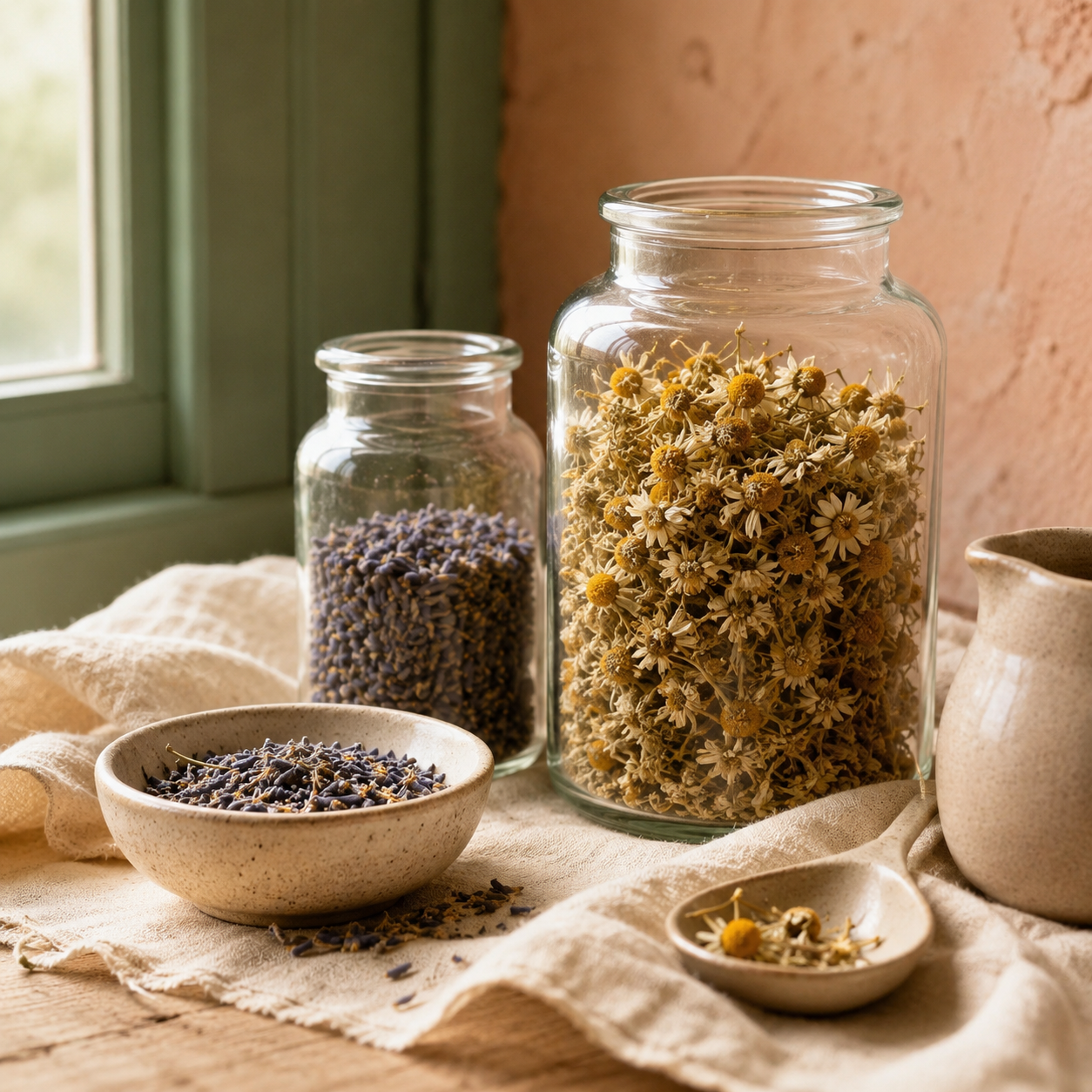 Botanical leaves, dried plants and prepared herbal tea arranged for evidence-led review