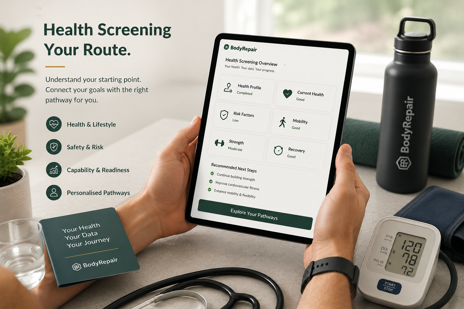 A diverse adult reviewing a health screening route before beginning a BodyRepair pathway