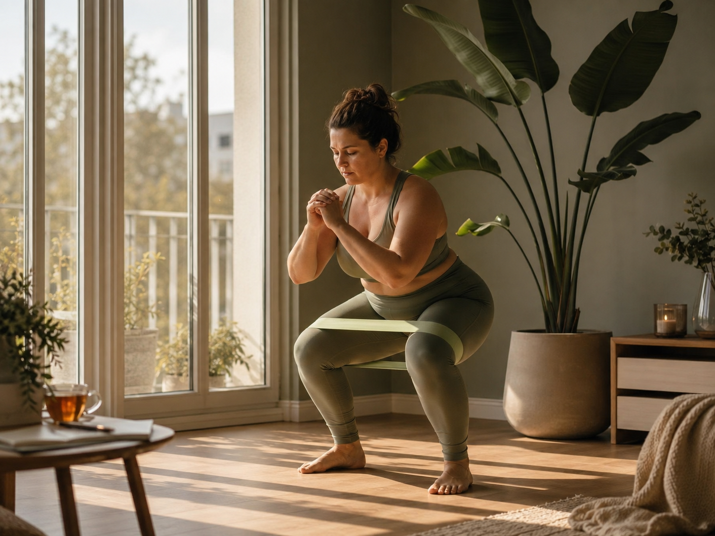 A person preparing for movement and recovery within a calm health and fitness environment